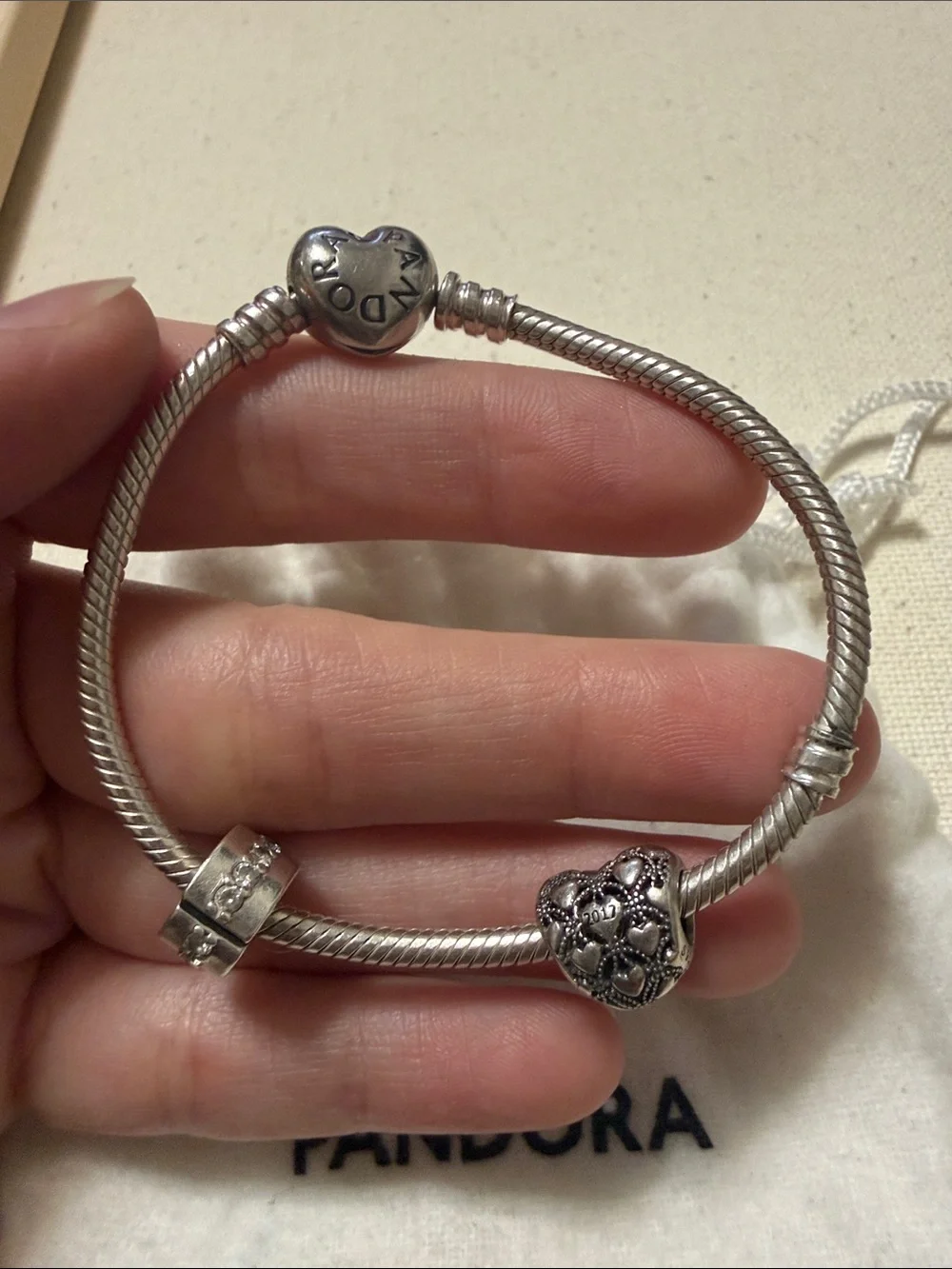 Pandora Silver Heart Charm Bracelet with Filigree Heart
